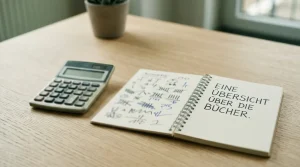 Taschenrechner und Notizbuch auf einem hellen Schreibtisch