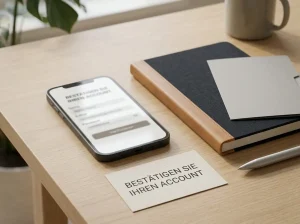 Smartphone mit unscharfer Kontoansicht neben Notizbuch und Dokumentenmappe