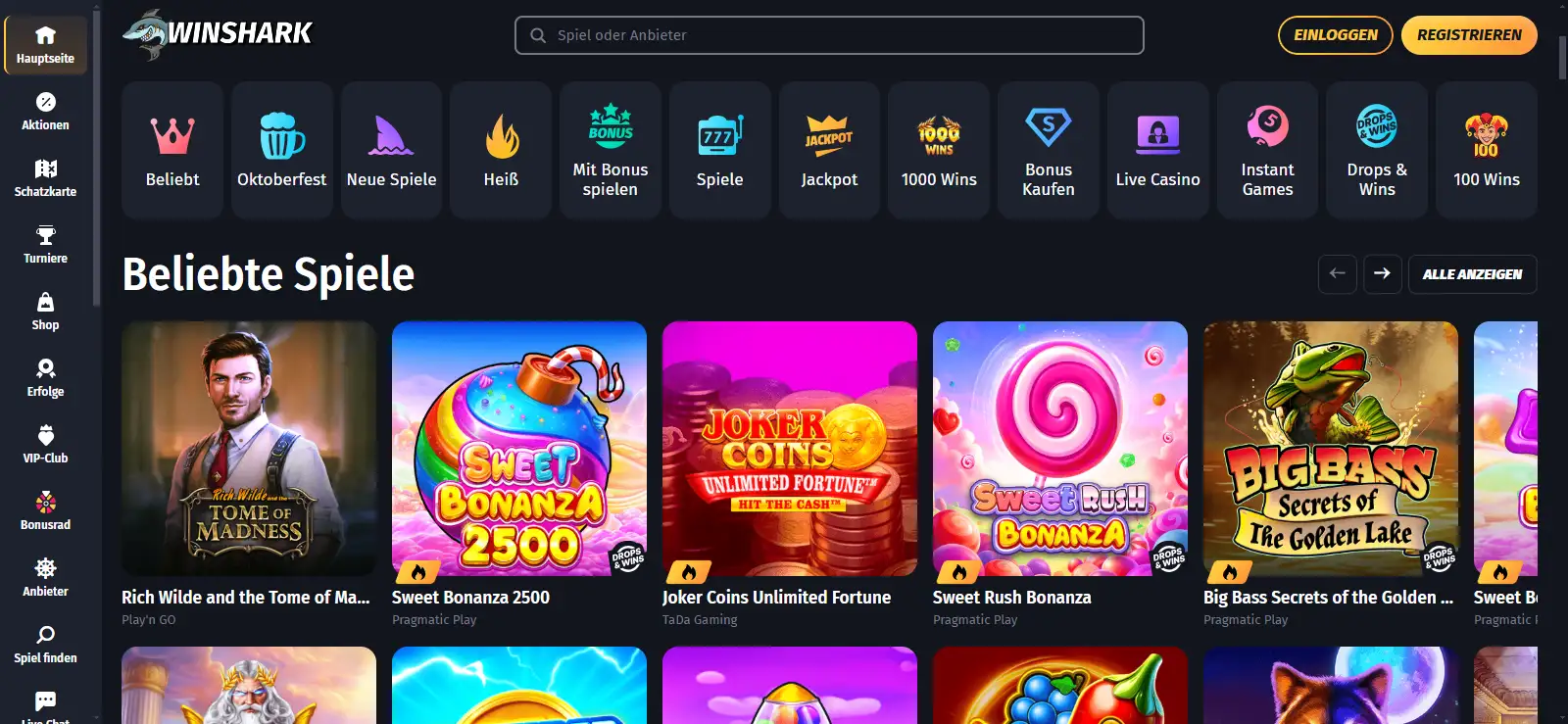 Startseitenansicht von WinShark mit Navigation und Spielübersicht