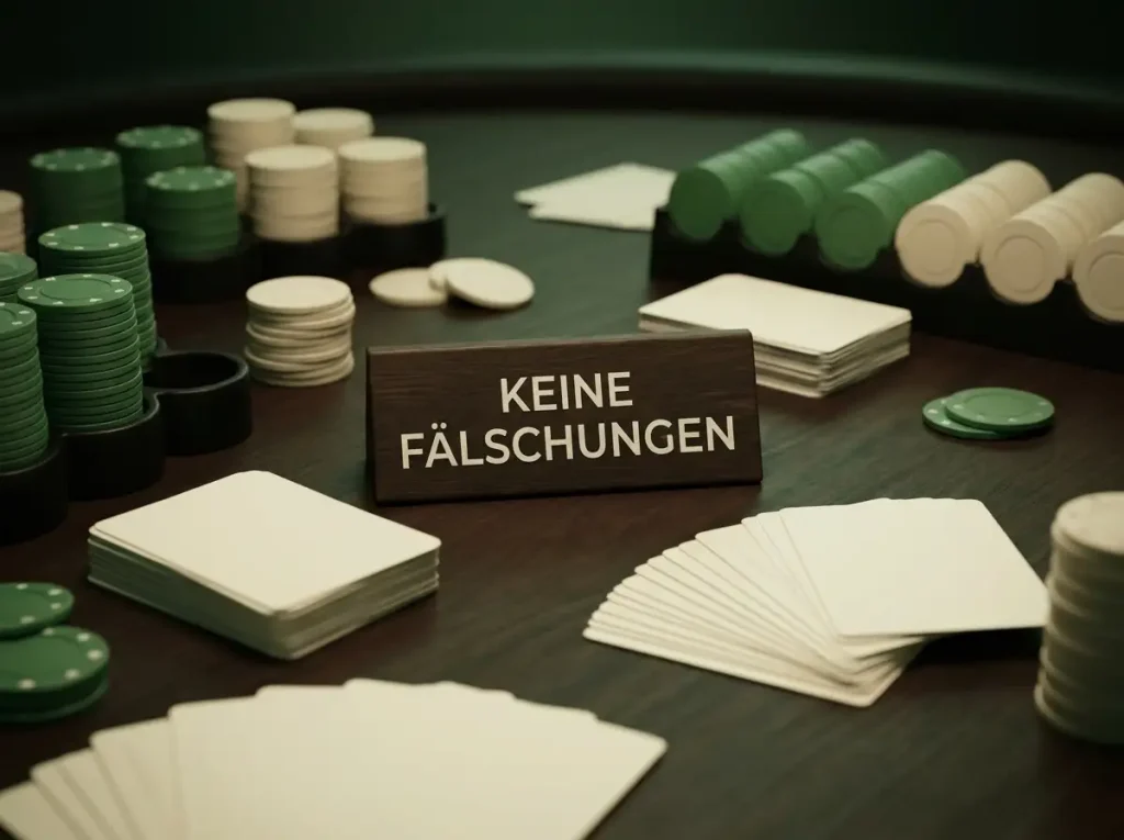 Spielkarten und neutrale Spielmarken auf einem dunkelgrünen Spieltisch