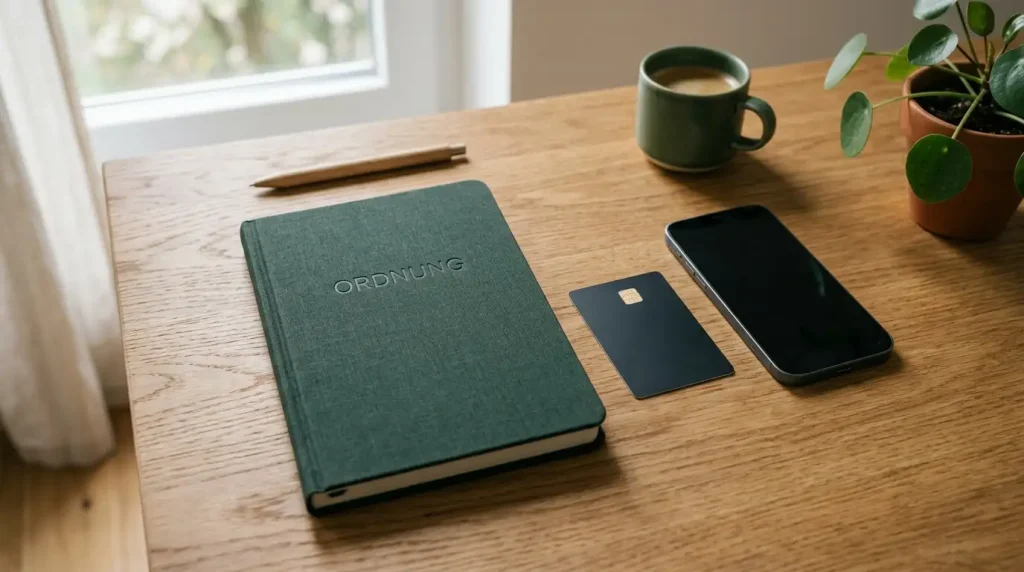 Unbeschriftete Bankkarte und Smartphone neben einem geschlossenen Notizbuch